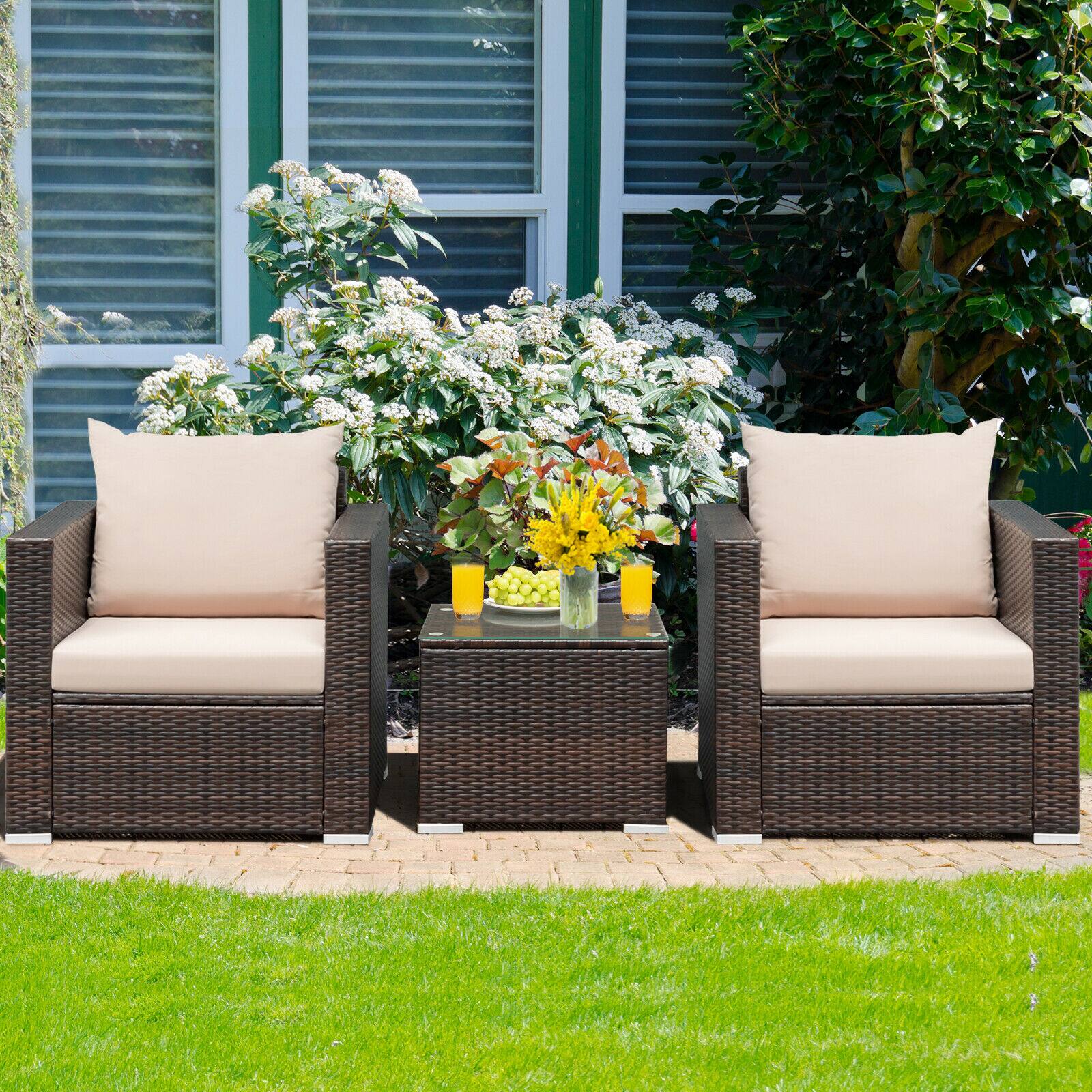 Alt View 1. Costway - 3PCS Patio Rattan Furniture Set Conversation Wicker Sofa Set w/Cushion Garden - Brown.