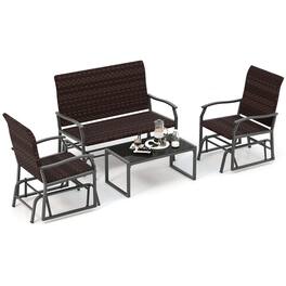 Gymax - 4 PCS Patio Gliding Set Wicker Swing Glider Furniture Set w/ Tempered Glass Coffee Table - Mix Brown