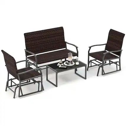 Front. Gymax - Gymax 4 PCS Patio Gliding Set Wicker Swing Glider Furniture Set w/ Tempered Glass Coffee Table - Mix Brown.