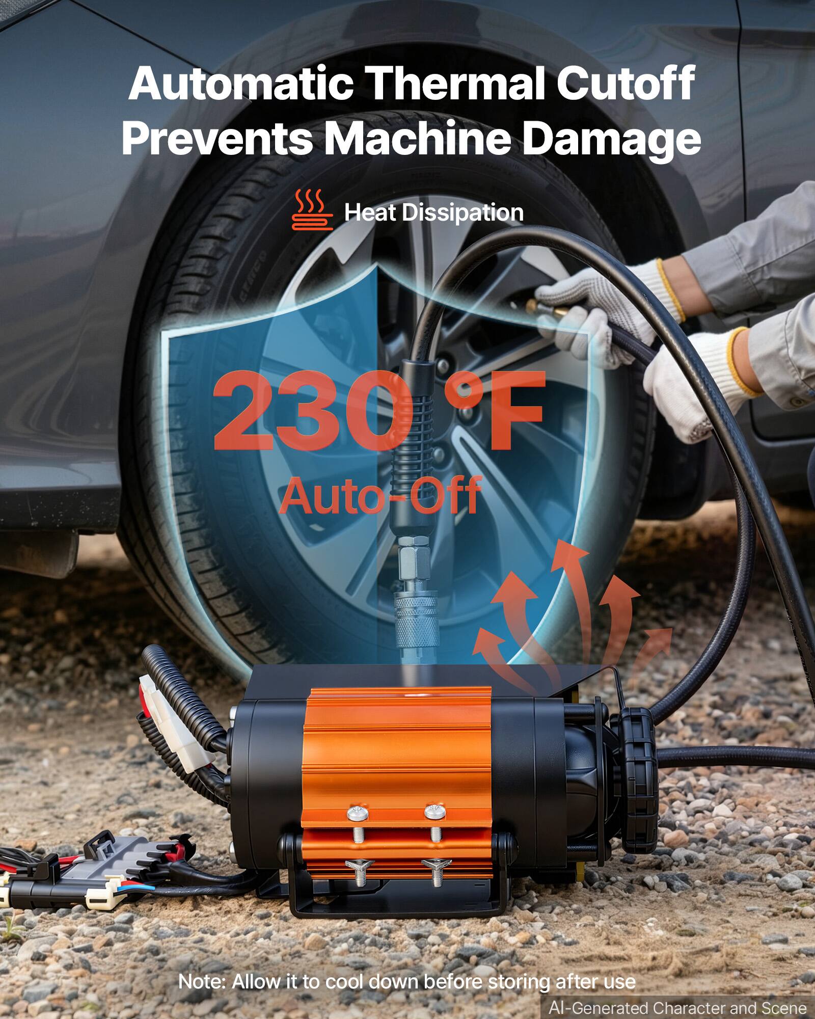 Automatic Thermal Cutoff Prevents Machine Damage  
Heat Dissipation  
230 °F Auto-Off  
Note: Allow it to cool down before storing after use  
AI-Generated Character and Scene