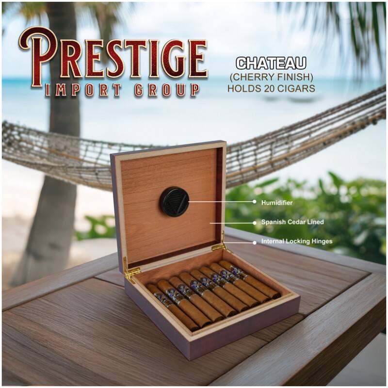 PRESTIGE (CHERRY CHATEAU FINISH) IMPORT GROUP HOLDS 20 CIGARS  
Humidifier  
Spanish Cedar Lined  
Internal Locking Hinges