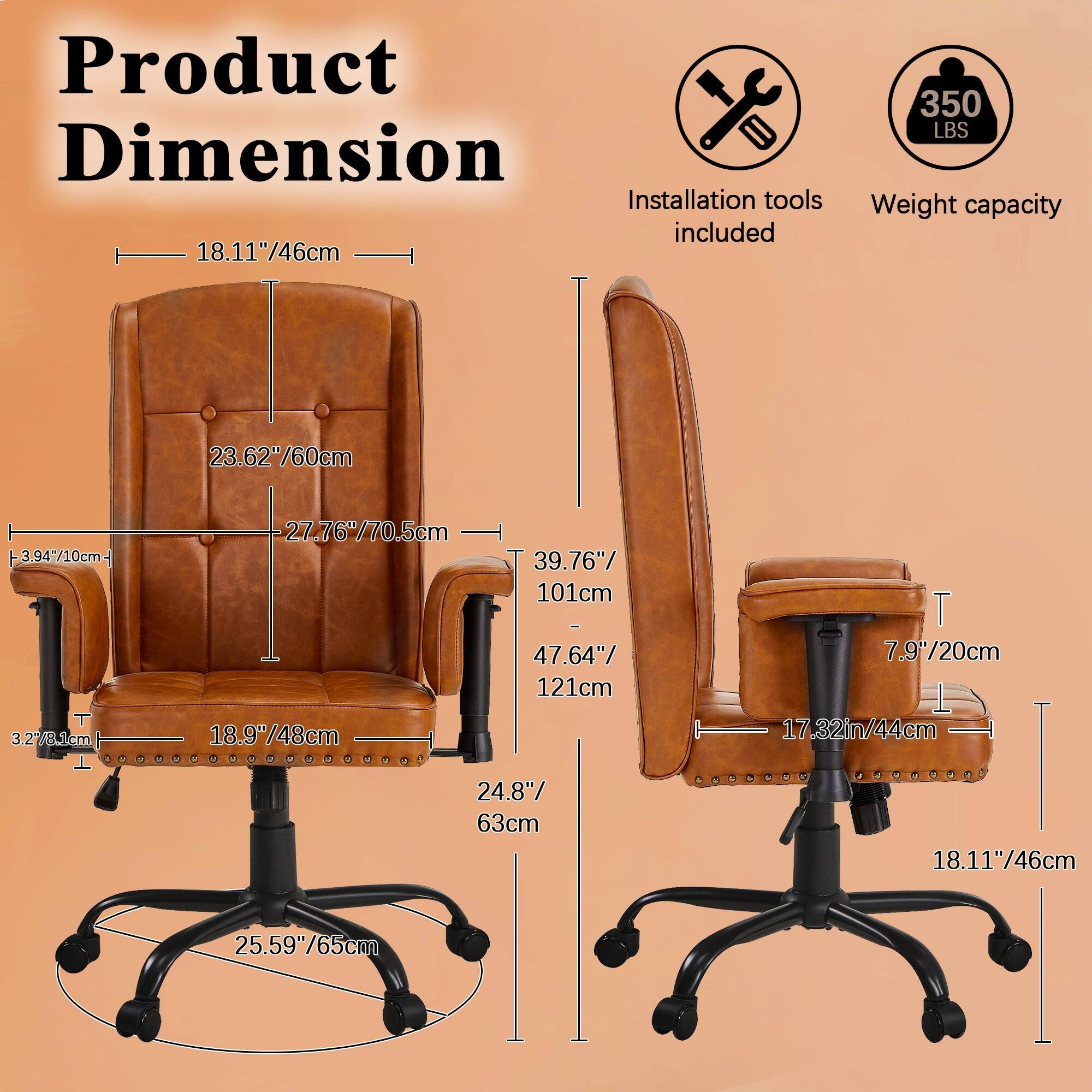 Product Dimension

- Height: 27.76"/70.5cm
- Width: 39.76"/101cm
- Depth: 18.11"/46cm
- Seat Height: 18.9"/48cm
- Seat Depth: 24.8"/63cm
- Armrest Height: 23.62"/60cm
- Armrest Width: 3.94"/10cm
- Back Height: 23.62"/60cm
- Base Diameter: 25.59"/65cm

Installation tools included

Weight capacity: 350 LBS