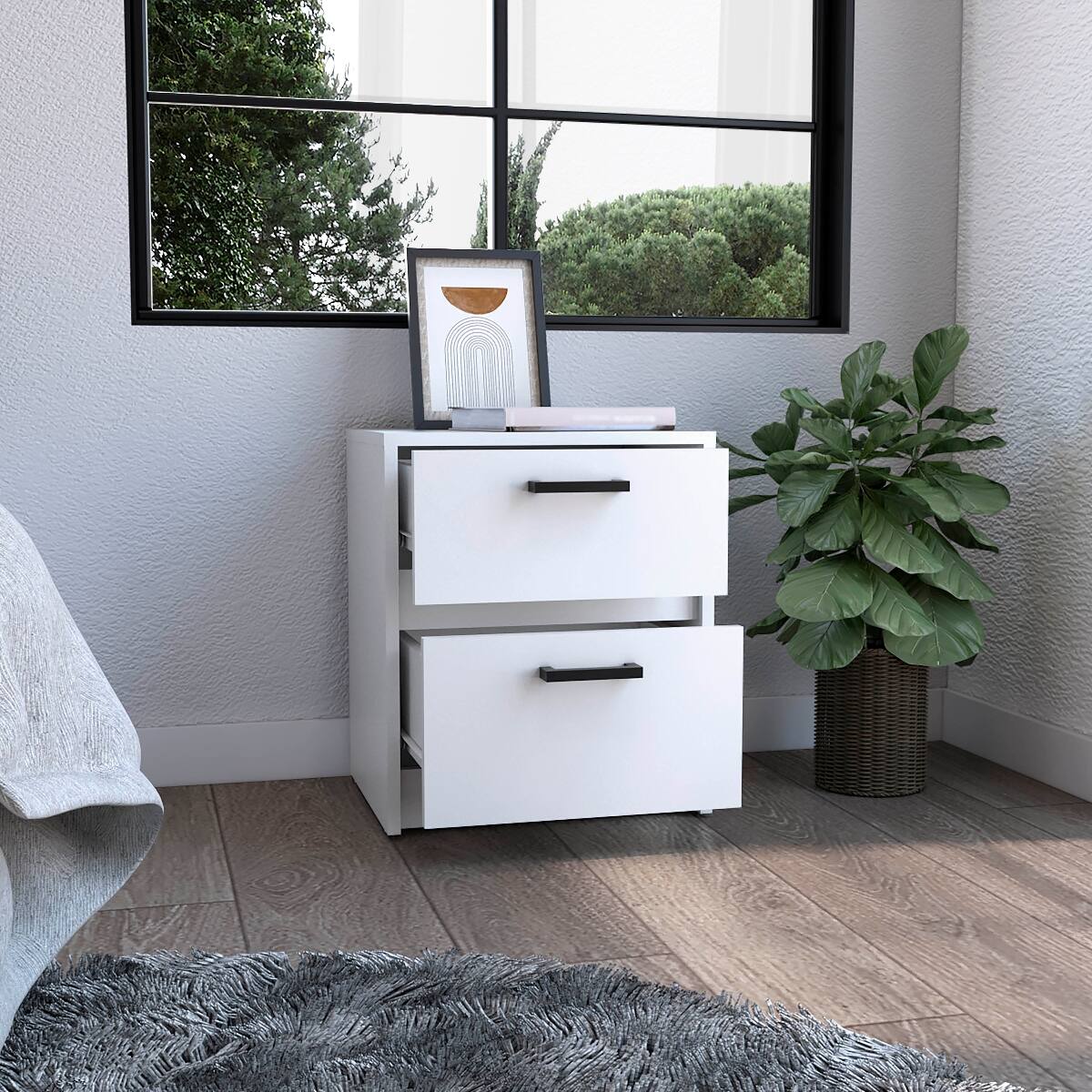 Angle. Loheer - Loheer White 2 Drawer Nightstand with Metal Handles, 18 Inch High - White.