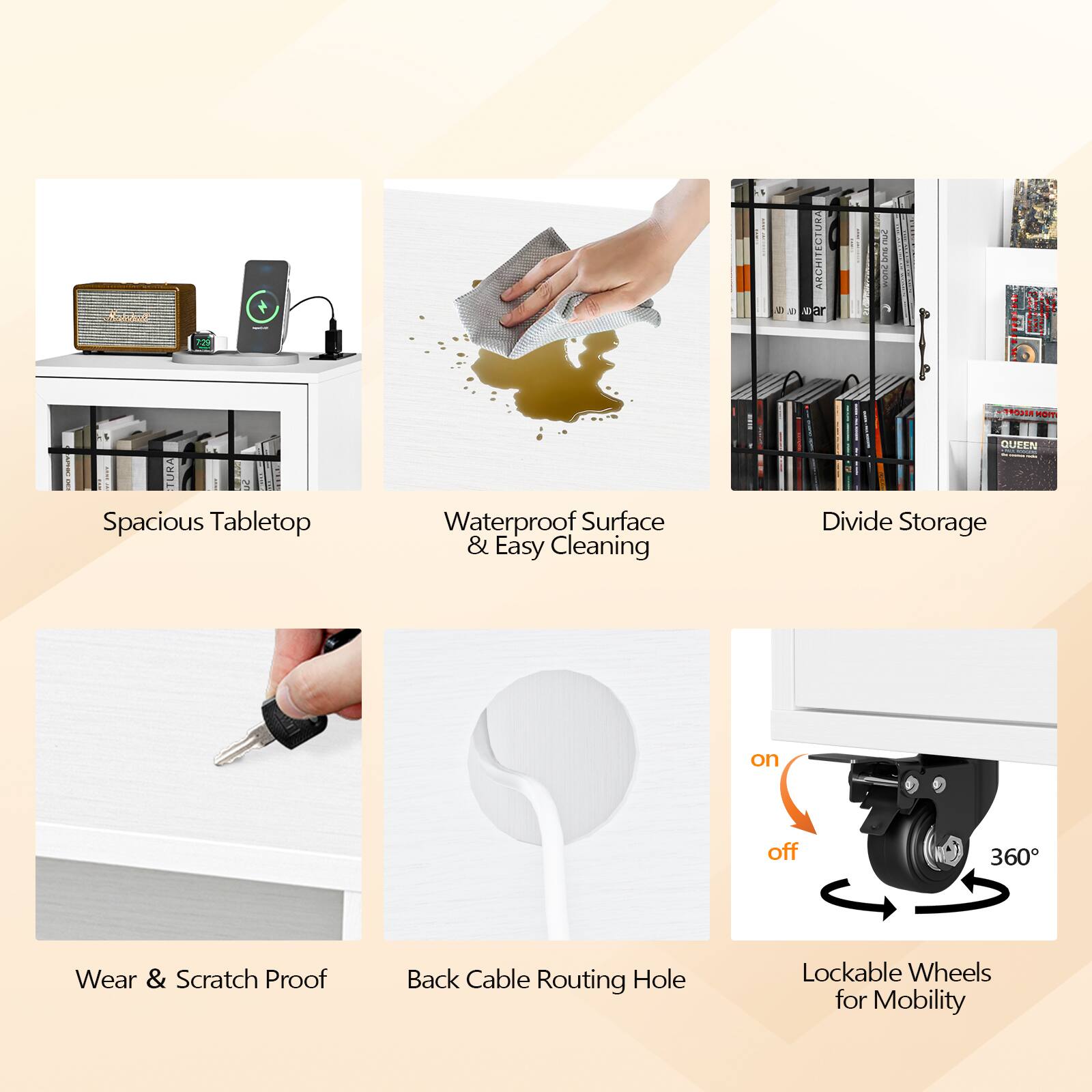 KiNU: d OTURA ARCP 4 170 TROaA mum I ! TURA | 3 .... Spacious Tabletop Waterproof Surface & Easy Cleaning QUEEN e Divide Storage on off 360 Wear & Scratch Proof Back Cable Routing Hole Lockable Wheels for Mobility