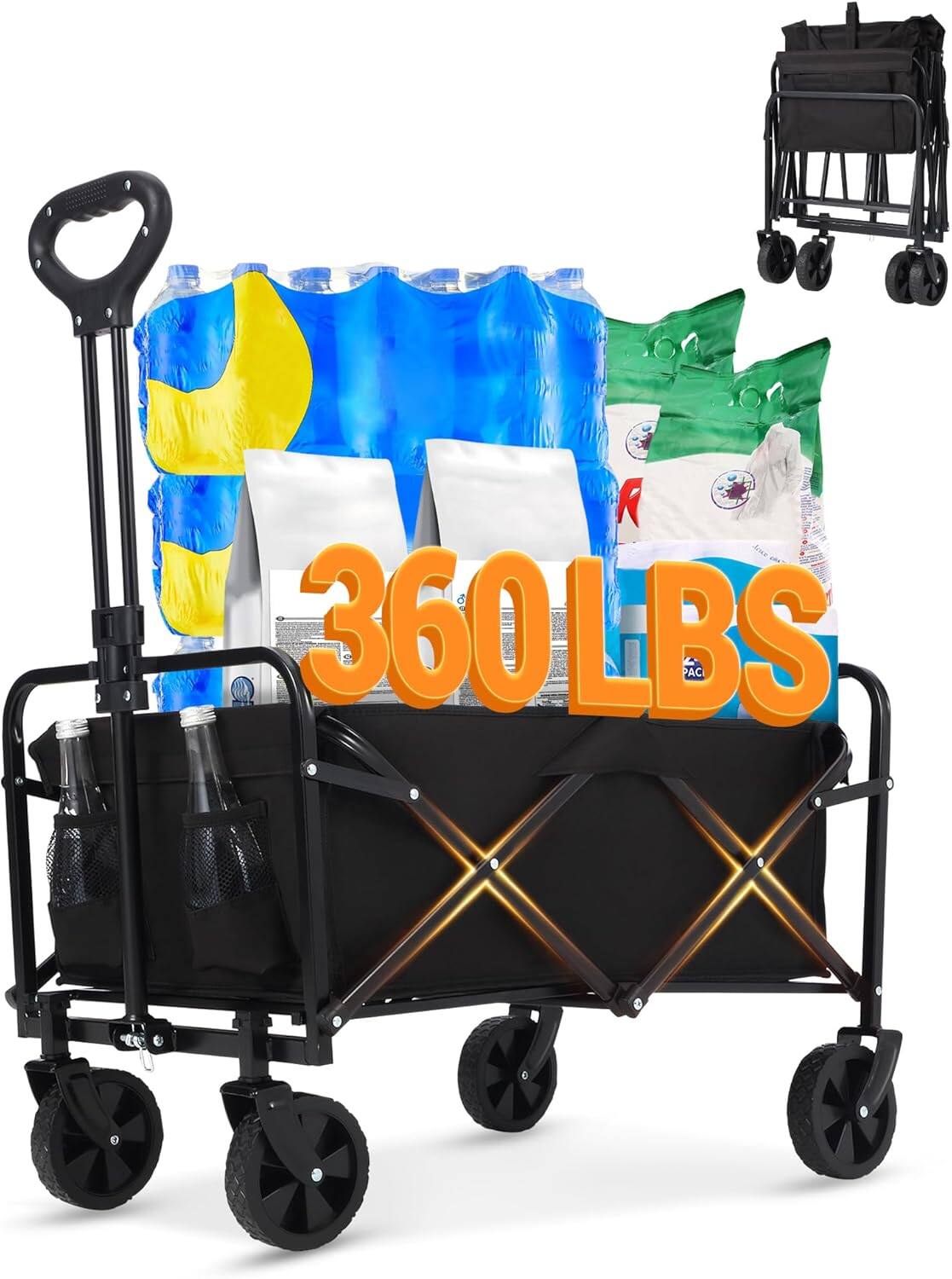 Front. Acekool - 360LBS Heavy-Duty Collapsible Wagon Cart, All-Terrain Folding Utility Wagon with Drink Holders & Steel Frame, Black - Black.