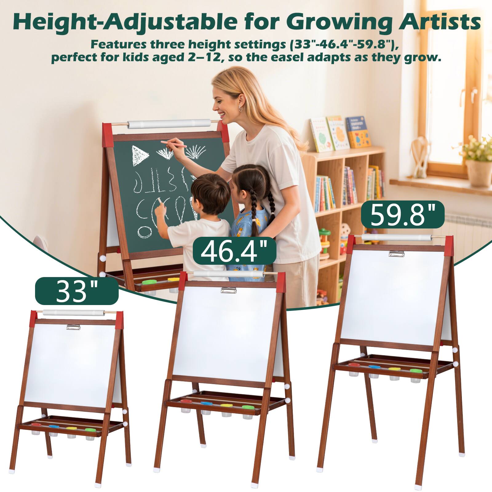 Height-Adjustable for Growing Artists  
Features three height settings (33"-46.4"-59.8"), perfect for kids aged 2-12, so the easel adapts as they grow.