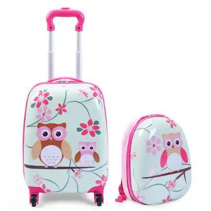 Front. Costway - 2Pcs 12'' 16'' Kids Luggage Set Suitcase Backpack School Travel Trolley ABS - pink & light green.