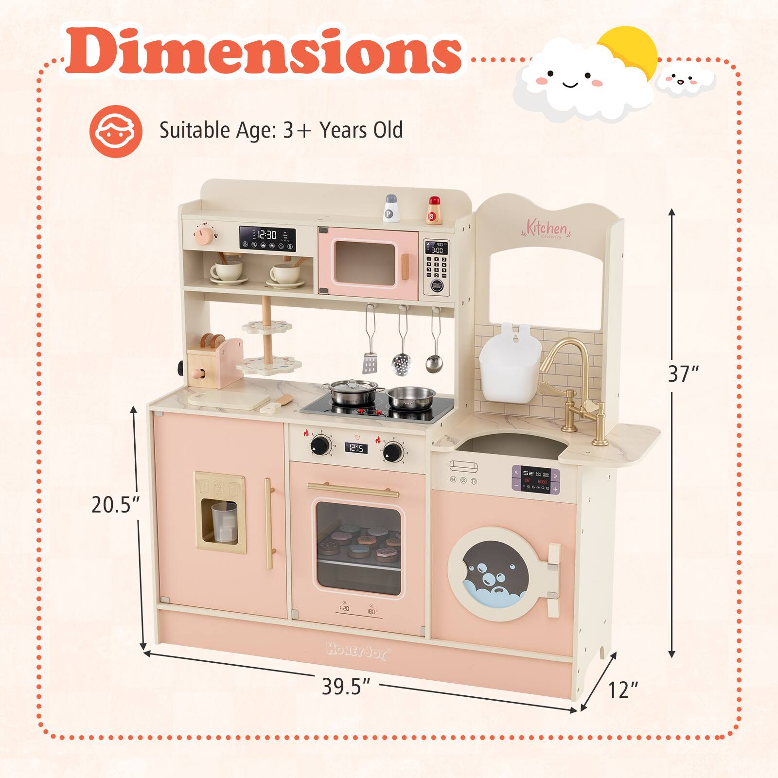 Dimensions  
Suitable Age: 3+ Years Old  

- Height: 37"  
- Width: 39.5"  
- Depth: 20.5"  
- Depth (front): 12"