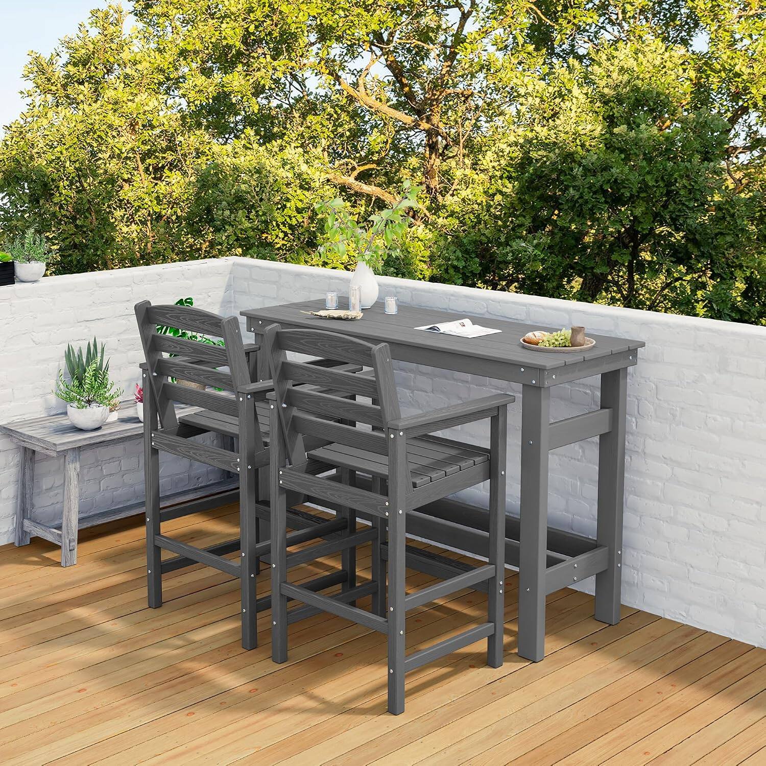 Alt View 1. SERWALL - SERWALL Outdoor Bar Set, 2 Adirondack Bar Chairs & Bar Height Table, All-Weather HDPE Patio Furniture, Grey - Grey.