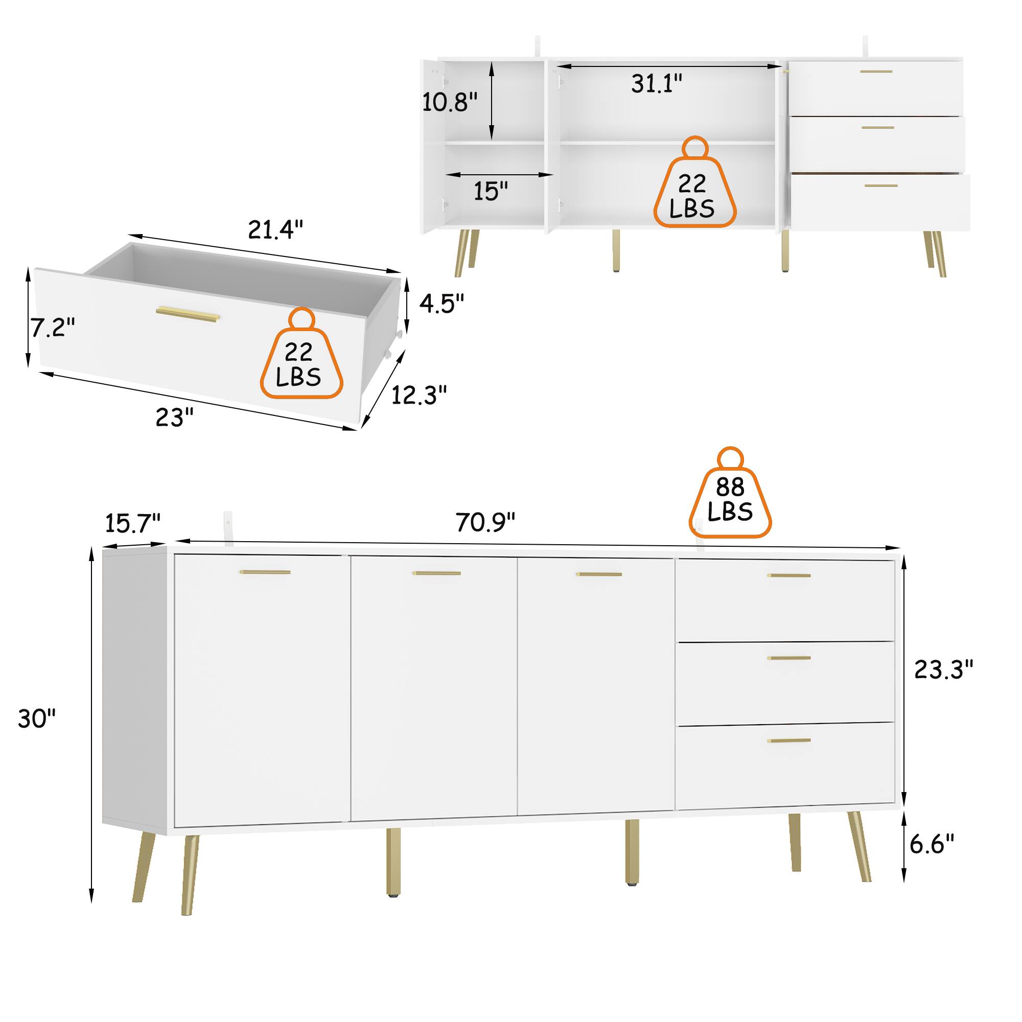 10.8", 31.1", 21.4", 15", 22 LBS, 7.2", 23", 22 LBS, 4.5", 12.3", 15.7", 70.9", 88 LBS, 23.3", 30", 6.6"