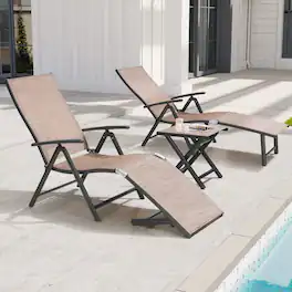Crestlive Products - Outdoor Aluminum Adjustable Folding Chaise Lounge Chairs and Foldable Side Table - Light Brown