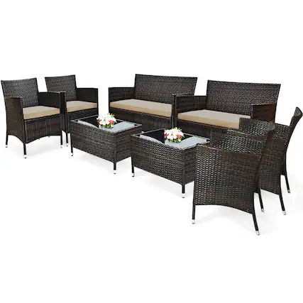 Front. Costway - Costway 8PCS Patio Furniture Set Cushioned Sofa Coffee Table - Brown.