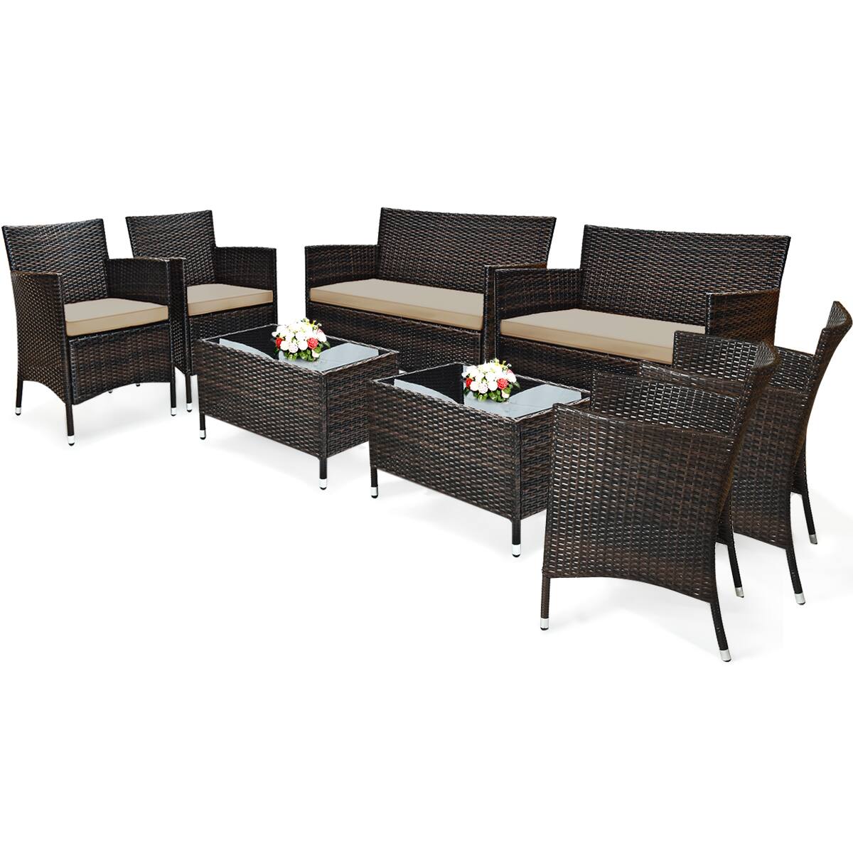 Front. Costway - Costway 8PCS Patio Furniture Set Cushioned Sofa Coffee Table - Brown.