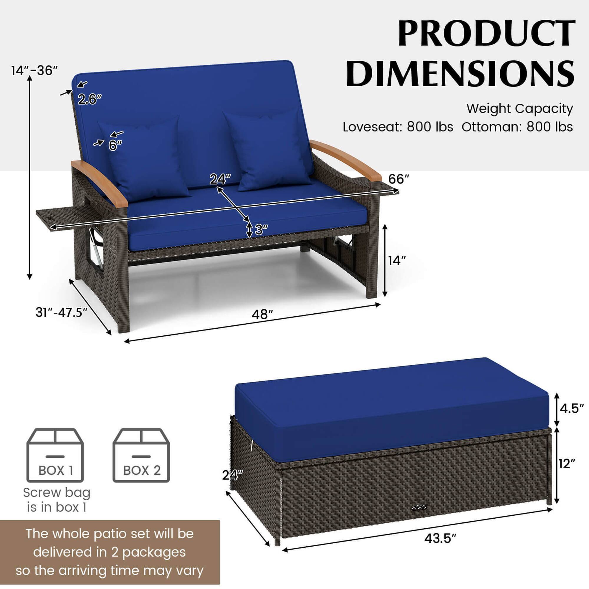The image shows a blue loveseat and ottoman set with dimensions and weight capacity information. The loveseat has a weight capacity of 800 lbs, while the ottoman has the same capacity. The dimensions of the loveseat are 24" x 66", and the dimensions of the ottoman are 24" x 48". The whole patio set will be delivered in two packages, which may result in varying arrival times. The image also includes a screw bag in box 1.