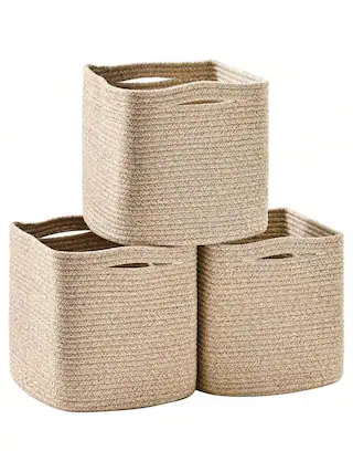 Front. Live At Space - 11 Inch Cube Storage Bins, Storage Cube Organizer Bins, Woven Cotton Rope Baskets Storage, Storage Basket Organizing - Brown + 11.
