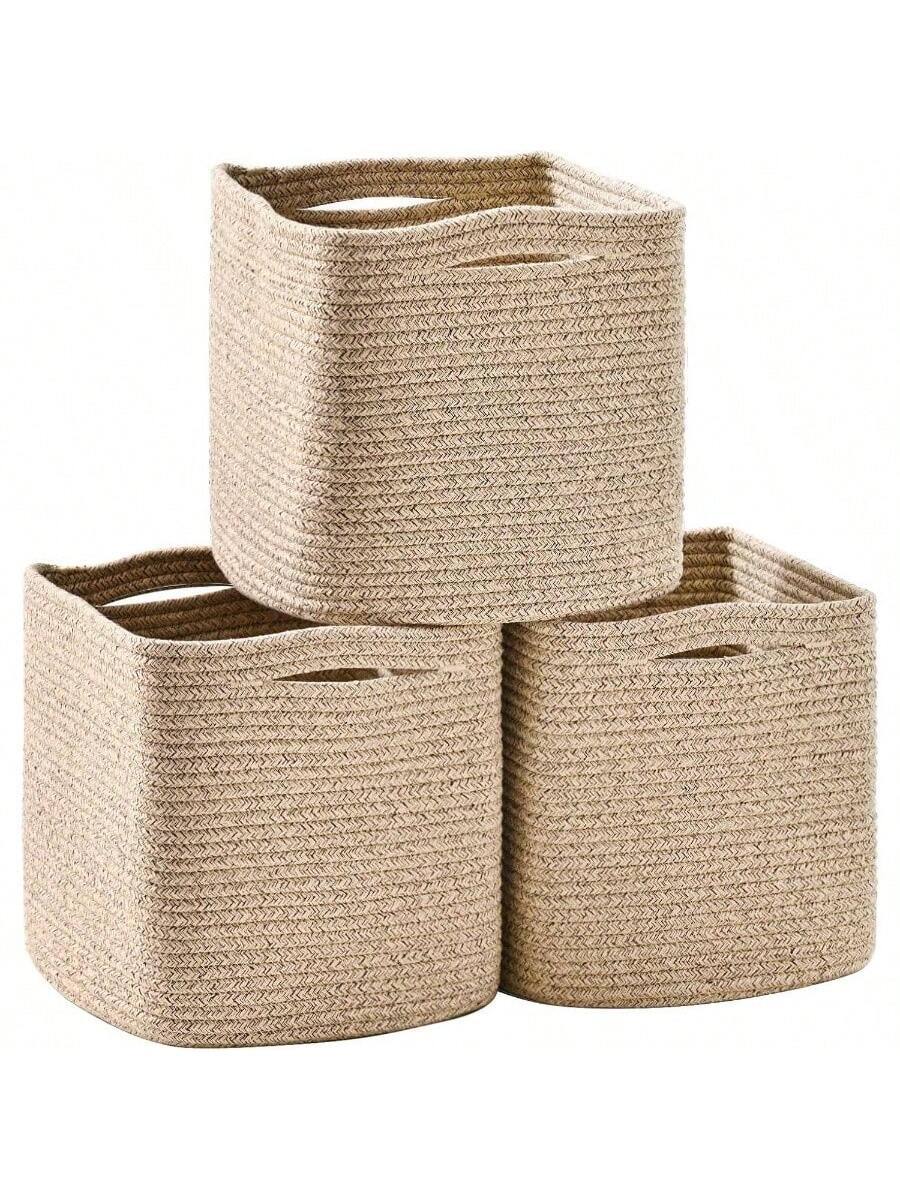 Front. Live At Space - 11 Inch Cube Storage Bins, Storage Cube Organizer Bins, Woven Cotton Rope Baskets Storage, Storage Basket Organizing - Brown + 11.