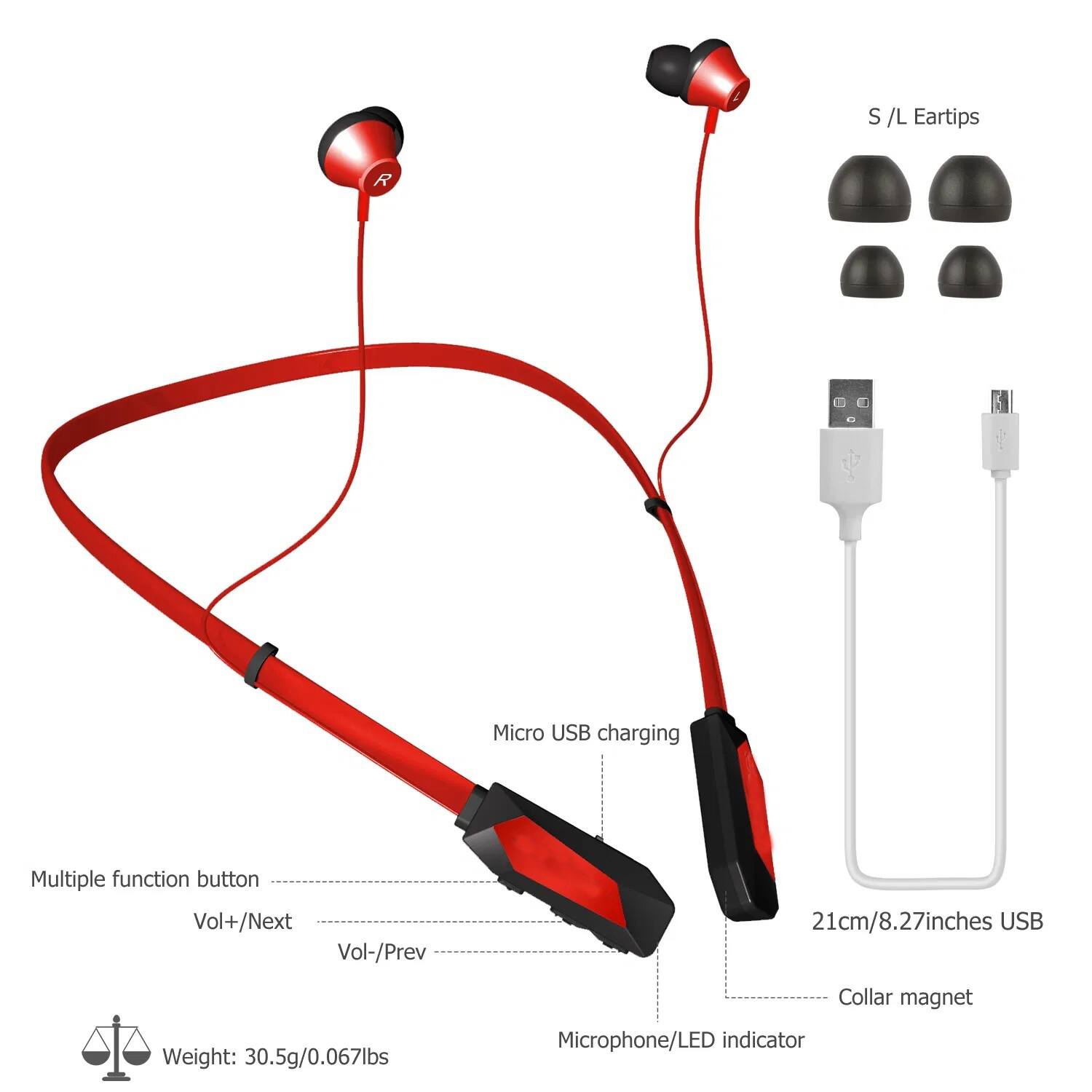 S / L Eartips  
Micro USB charging  
Multiple function button  
Vol+/Next  
Vol-/Prev  
21cm/8.27inches  
USB  
Collar magnet  
Weight: 30.5g/0.067lbs  
Microphone/LED indicator