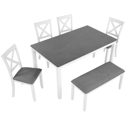 Alt View 5. LUCKY ONE - 6-Piece Dining Set with 58.5" Rectangular Dining Table, Bench and 4 X-shaped backrest Chairs - White+gray.