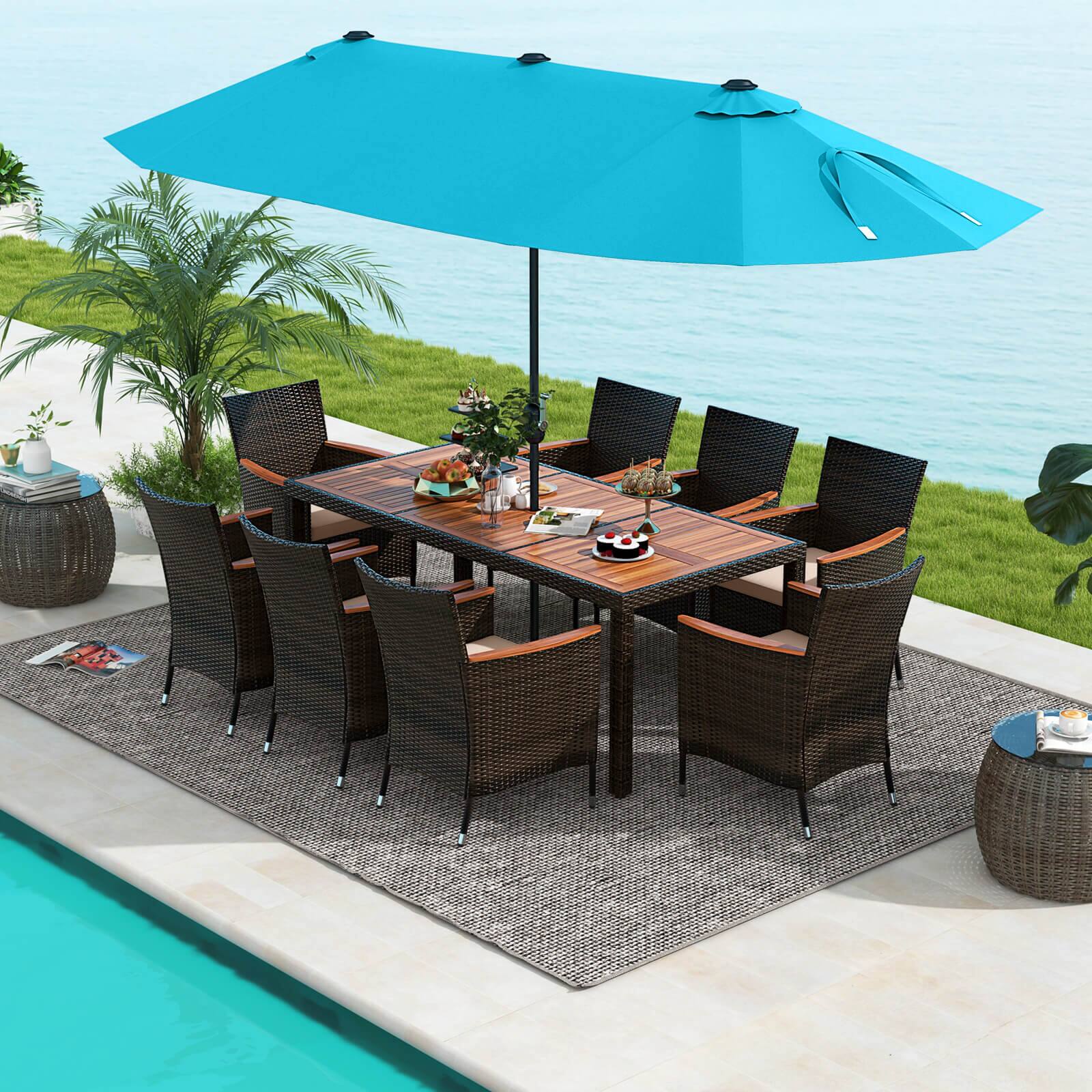 Alt View 1. Costway - Costway 11 PCS Patio Dining Set with 15ft Double-Sided Patio Umbrella (Base Included) - Mix Brown,Beige,Turquoise.