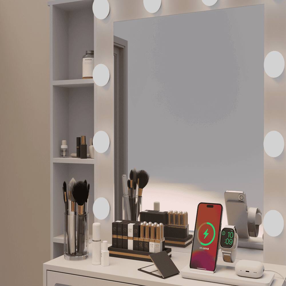 Left. Kadyn - Vanity Desk with Adjustable LED Mirror and Charging Station - White.