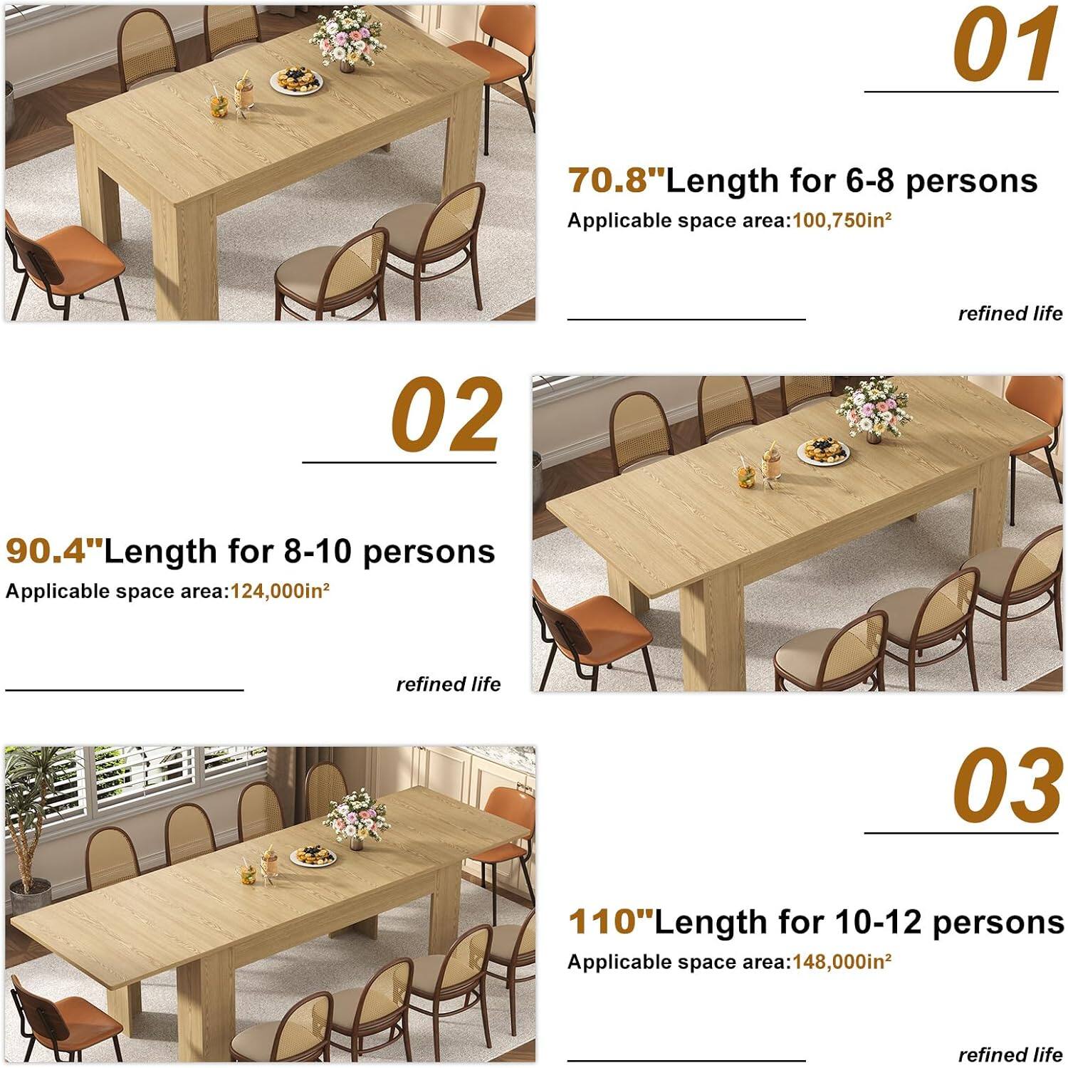01 70.8" Length for 6-8 persons Applicable space area: 100,750in² refined life  
02 90.4" Length for 8-10 persons Applicable space area: 124,000in² refined life  
03 110" Length for 10-12 persons Applicable space area: 148,000in² refined life