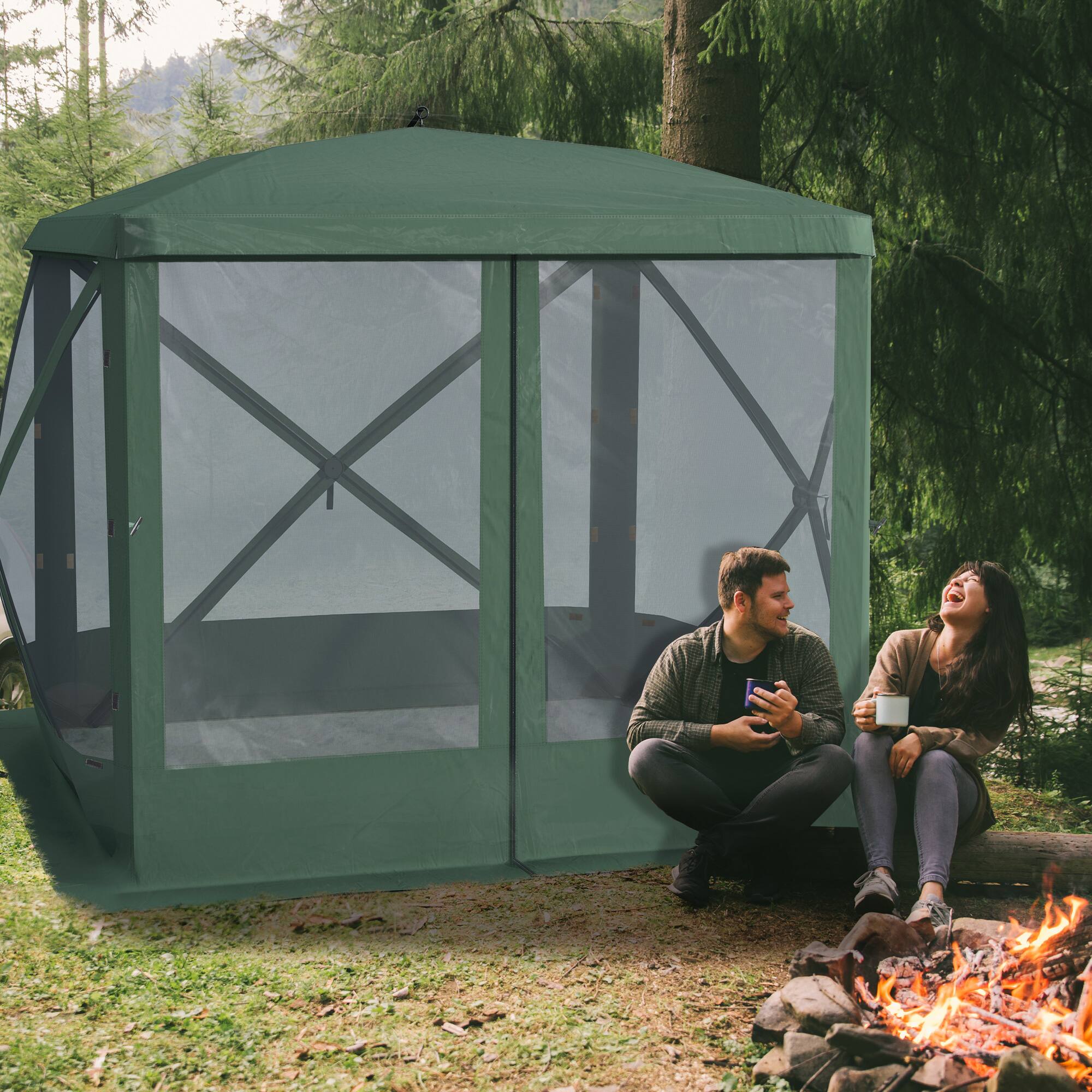 Alt View 1. Outsunny - Pop Up Camping Canopy Gazebo Screen Shelter Tent with Single Person Easy Set-Up, Ventilating Mesh, 7x7FT - Green.