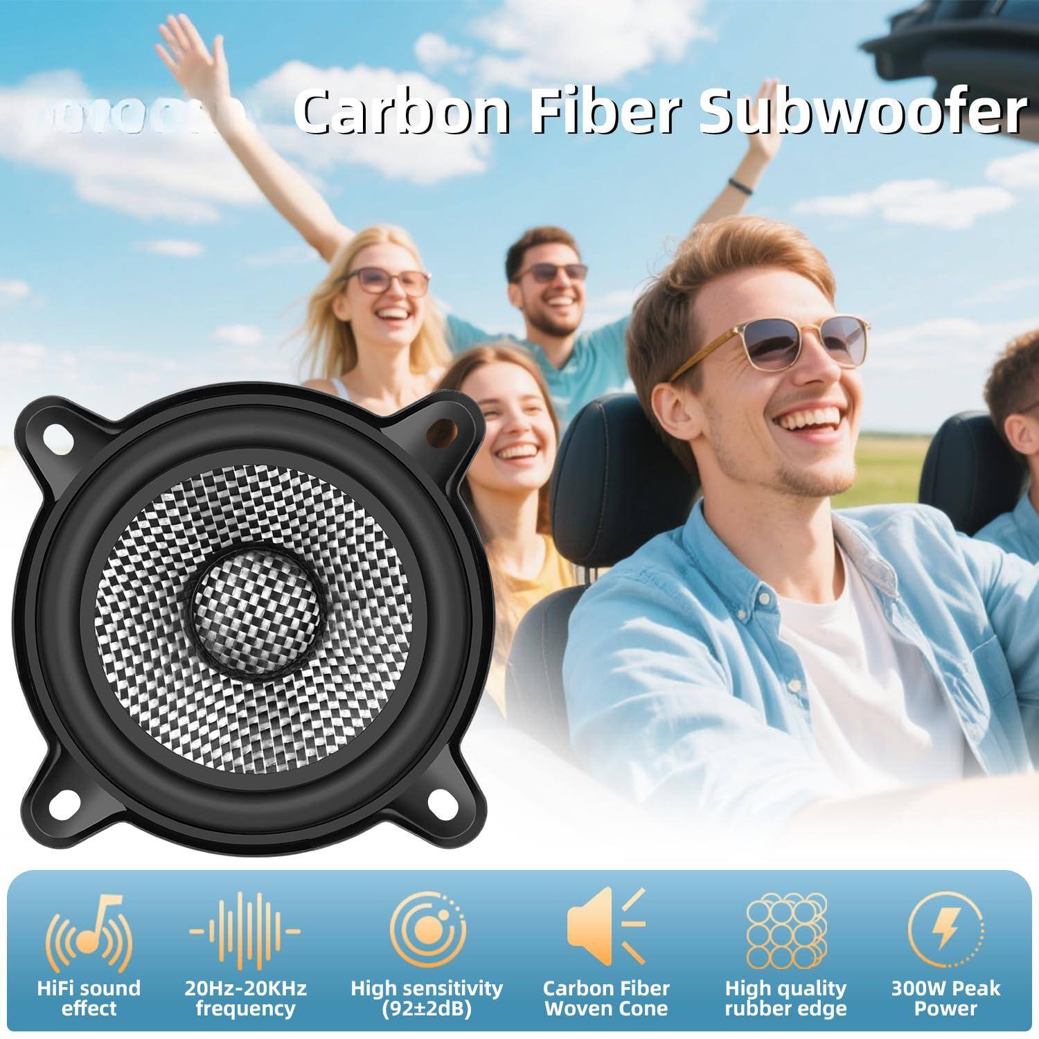 Carbon Fiber Subwoofer

- HiFi sound effect
- 20Hz-20KHz frequency
- High sensitivity (92±2dB)
- Carbon Fiber Woven Cone
- High quality rubber edge
- 300W Peak Power