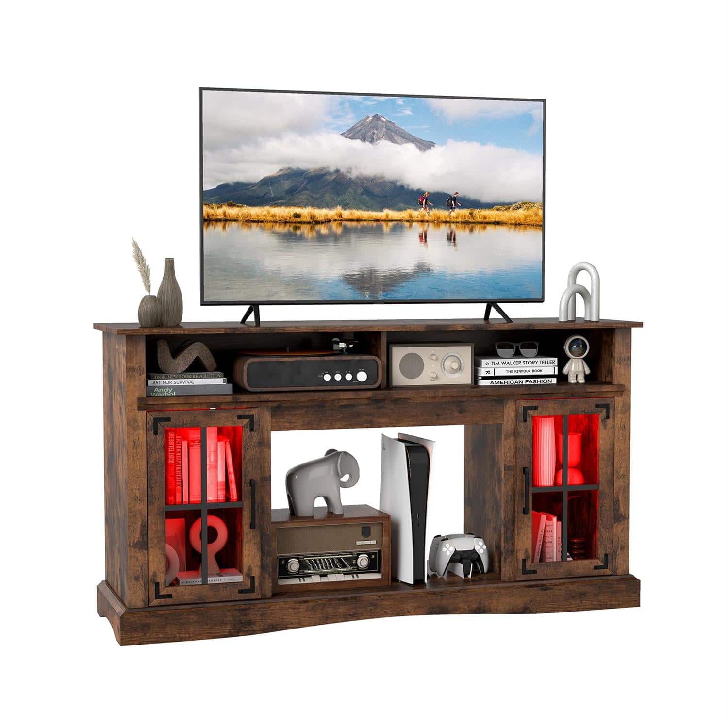 Pefilos - RGB LED Light TV Stand, 50" TV Compatible, 3-Level Height-Adjustable Shelf, Rustic TV Cabinet - Brown