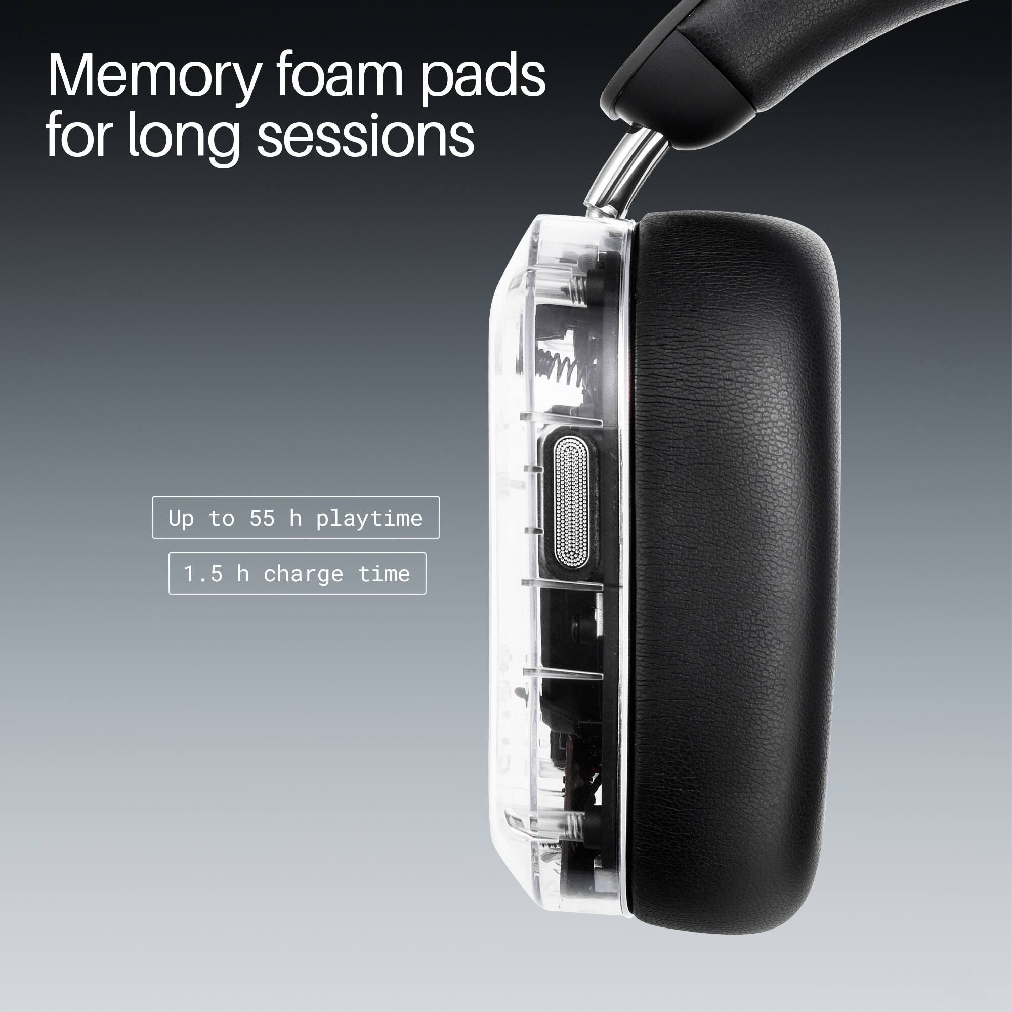 Memory foam pads for long sessions

Up to 55 h playtime

1.5 h charge time