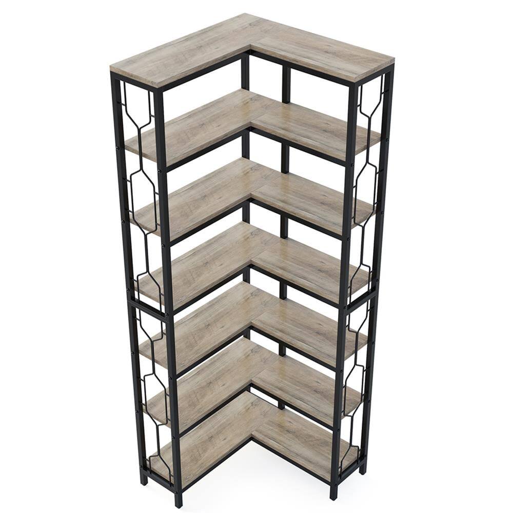 Back. Kadyn - Kadyn Bookshelf, Storage Shelf, Bookcase,7-Tier Corner Bookshelf, Industrial Corner Etagere Bookcase,Gray - Gray.