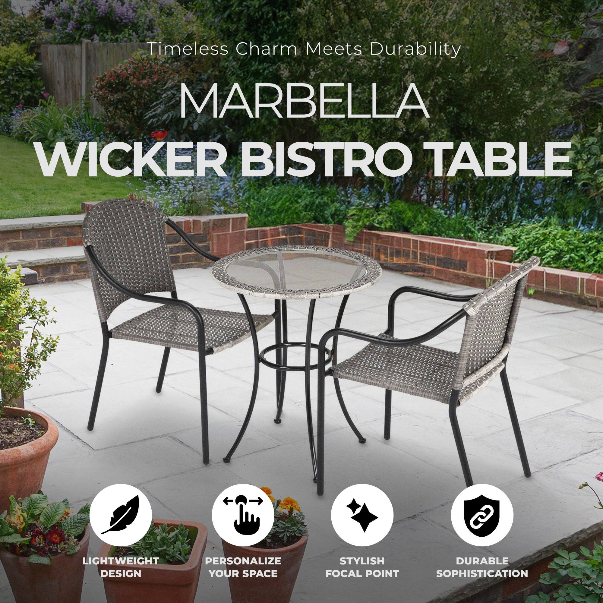 Timeless Charm Meets Durability

MARBELLA WICKER BISTRO TABLE

- LIGHTWEIGHT DESIGN
- PERSONALIZE YOUR SPACE
- STYLISH FOCAL POINT
- DURABLE SOPHISTICATION