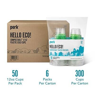 perk HELLO ECO! COMPOSTABLE 12 OZ PLASTIC COLD CUPS  
50 12oz Cups Per Pack  
6 Packs Per Carton  
300 Cups Per Carton