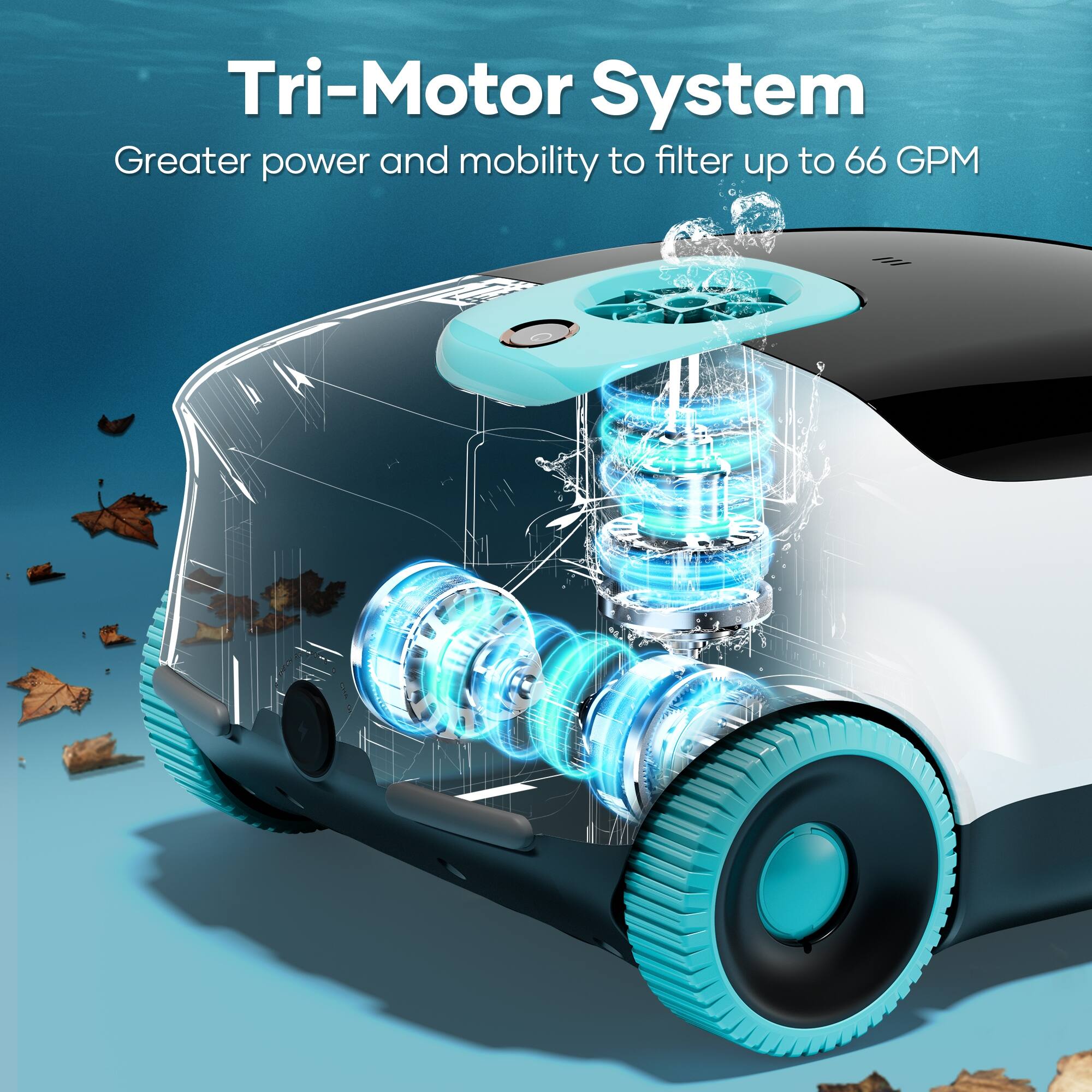 The text on the image reads: "Tri-Motor System Greater power and mobility to filter up to 66 GPM".