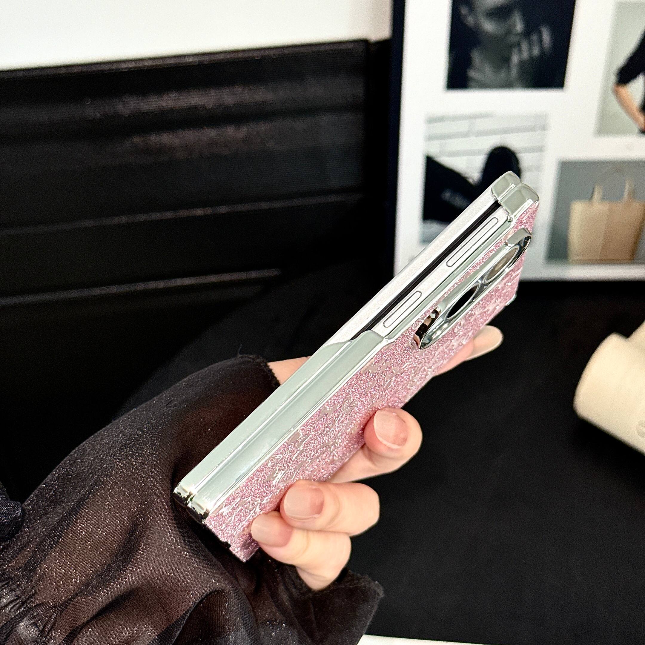 Alt View 1. Dteck - Glitter Electroplated Frame Case for Samsung Galaxy Z Fold8, Faux Leather Rigid Plastic Magnetic Hinge Protection Cover - Pink.