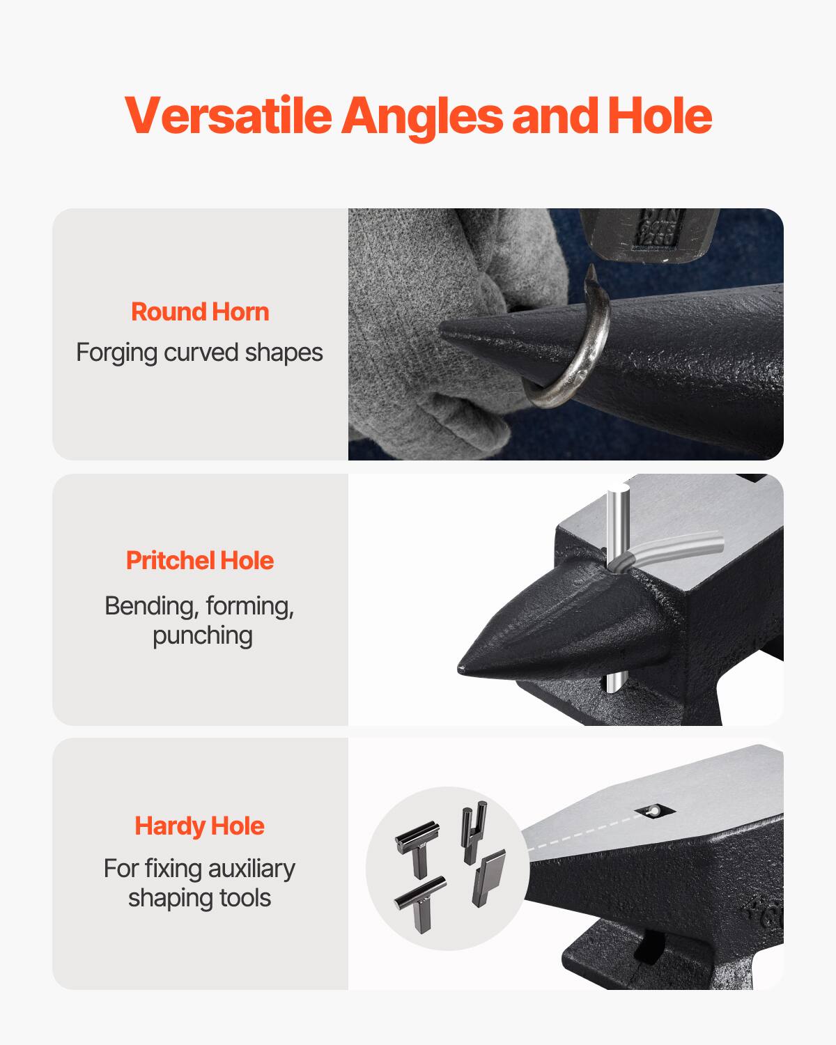 Versatile Angles and Hole

- Round Horn
  - Forging curved shapes

- Pritchel Hole
  - Bending, forming, punching

- Hardy Hole
  - For fixing auxiliary shaping tools