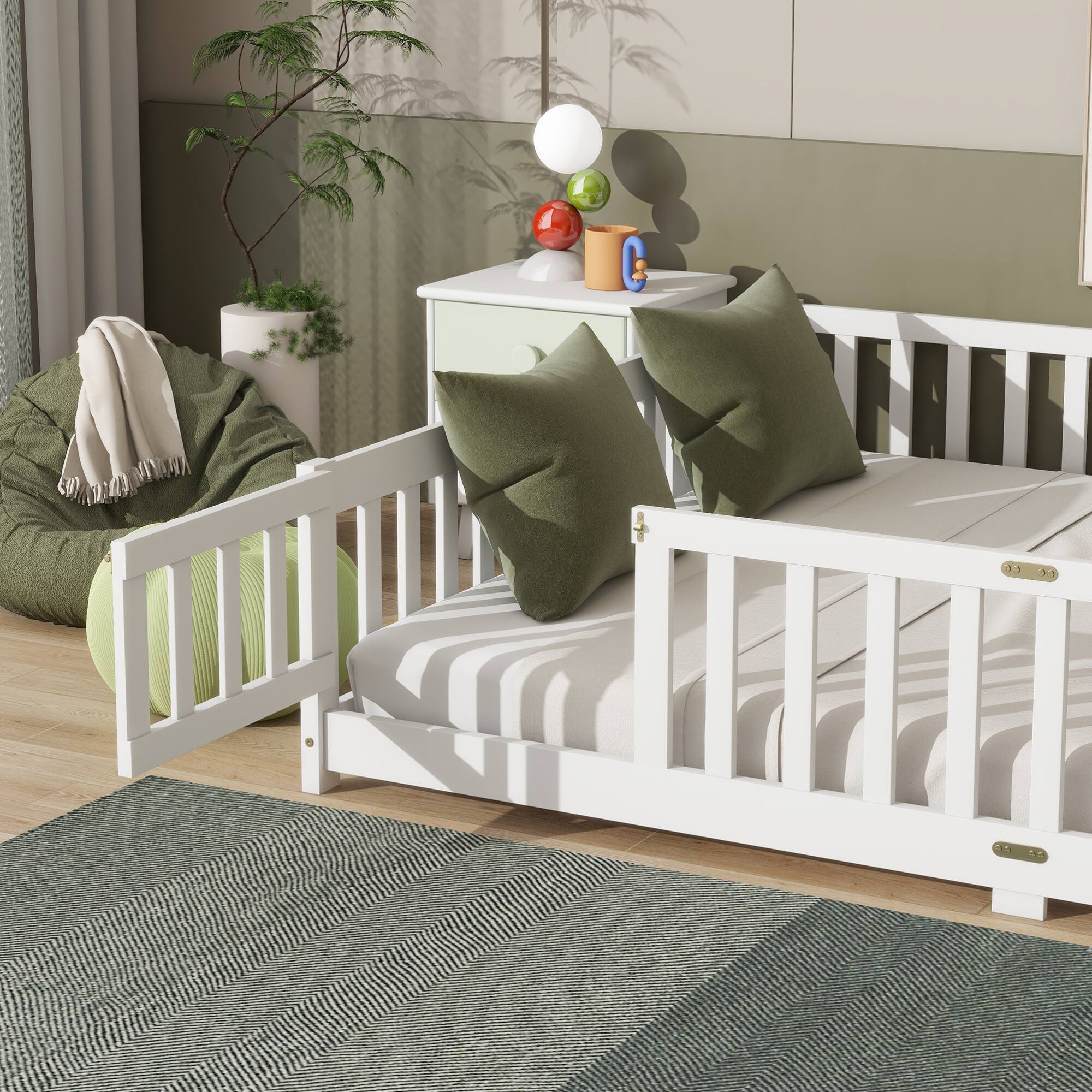 Alt View 2. GOODSILO - Queen Size Low-Profile Platform Bed with Safety Guardrails and Entry Door for Secure Sleeping Space - White.