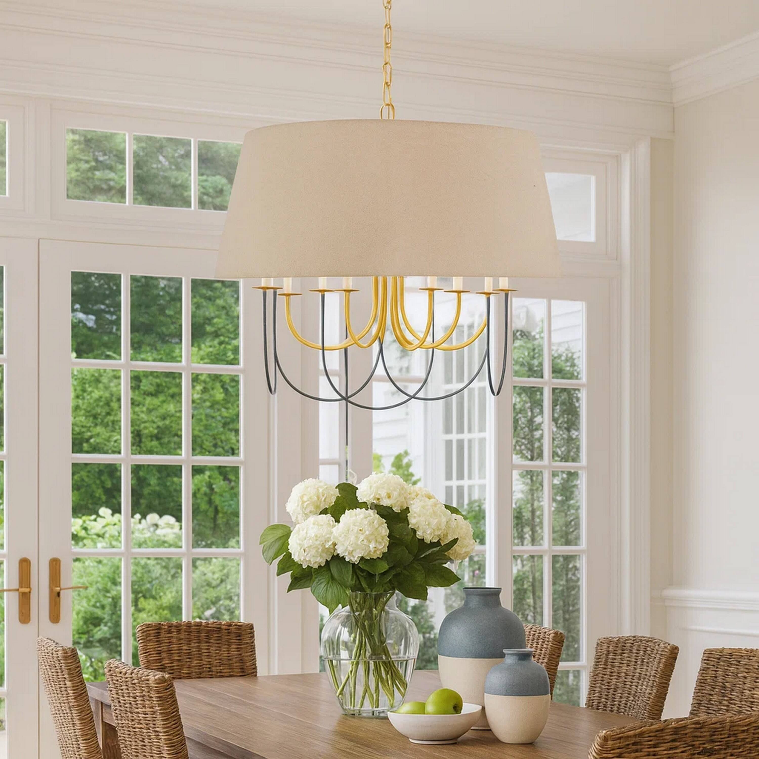 Alt View 2. Manhattan Lane - Pomy 28 Inch Chandelier, Hardback Burlap Shade - Brass, Black, Beige.