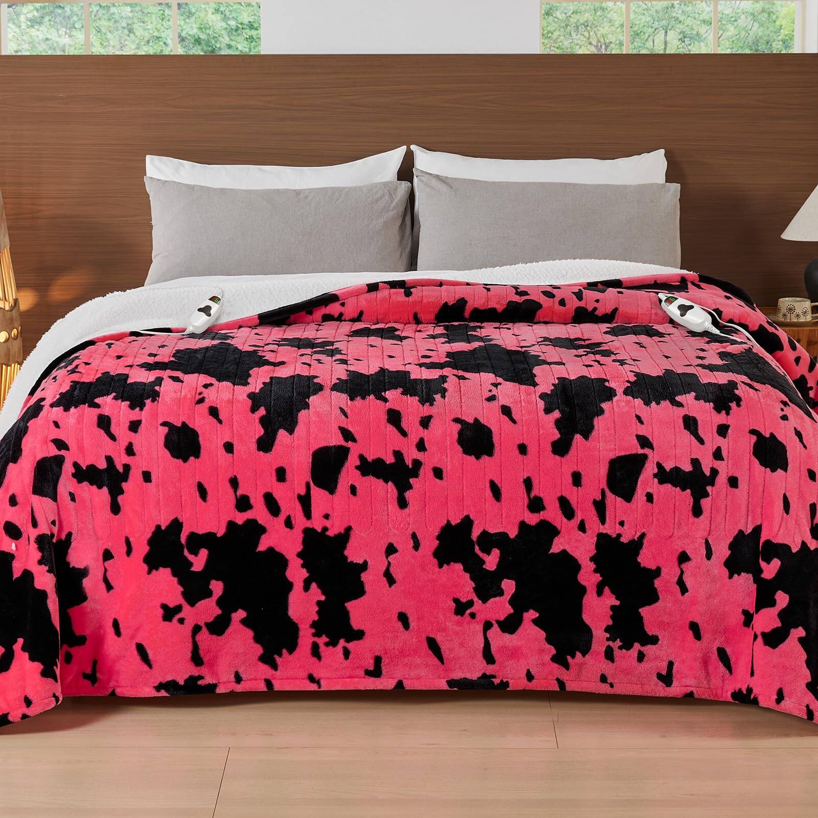 Front. Dapper Styles - Cow Print Heated Electric Blanket Throw 50x60 Heating With 10 Heats Levels 8 Hours Auto Off Western Highland - Pink Black Highland Cow-50"x60".