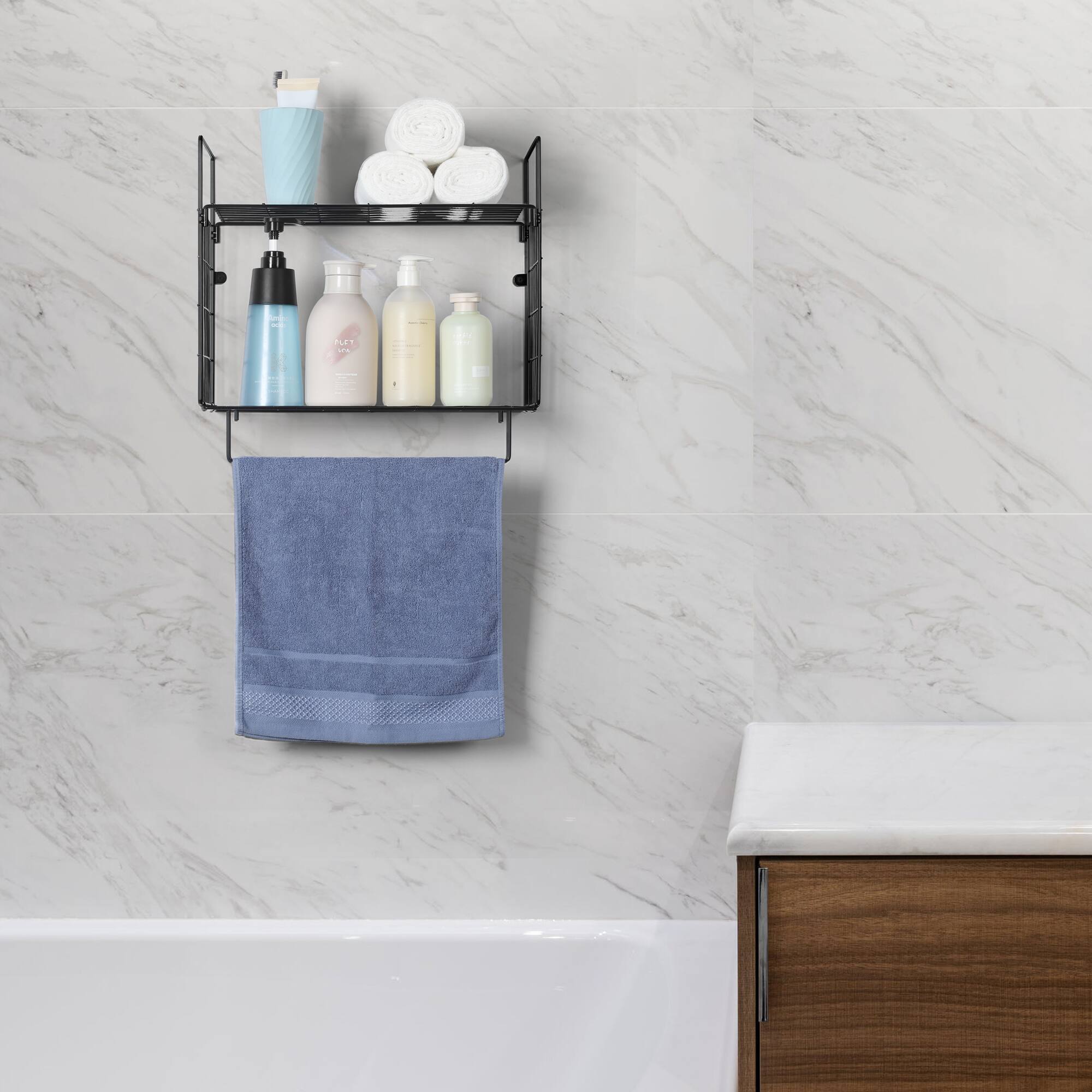 Left. Oumilen - 2-Tier Wall Mount Wire Bathroom Shelf with Towel Bar, Rustproof Metal Wall Storage Organizer, Black - Black.