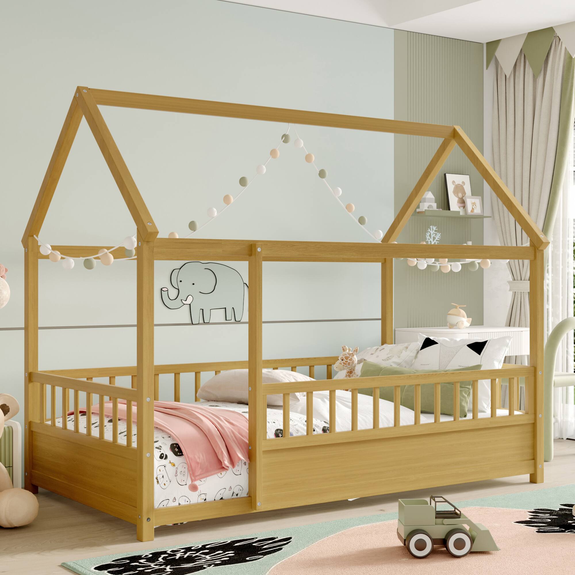 Angle. GOODSILO - Twin Size Floor Bed with Playhouse Roof Design and Safety Guardrails for Children's Bedroom - Natural.