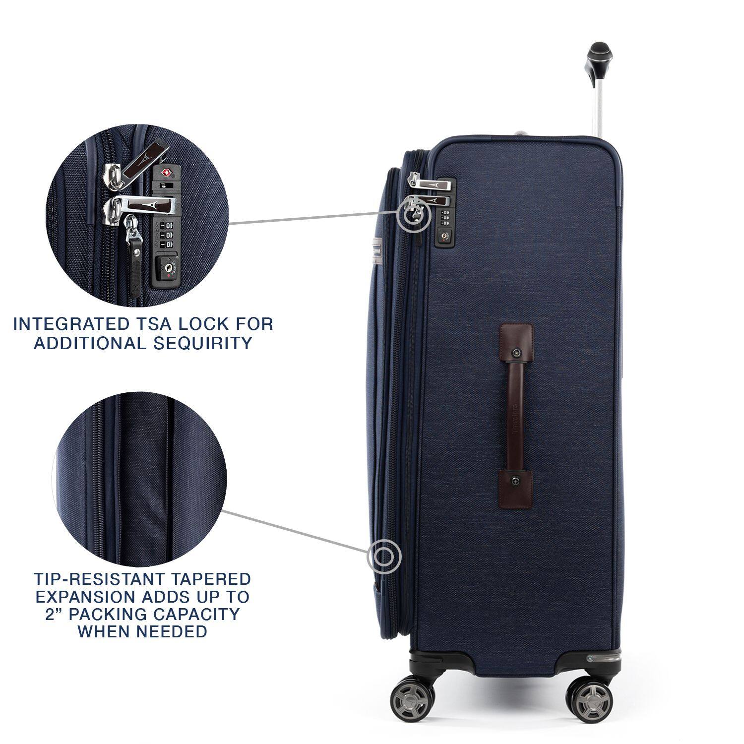 - Integrated TSA lock for additional security
- Tip-resistant tapered expansion adds up to 2" packing capacity when needed