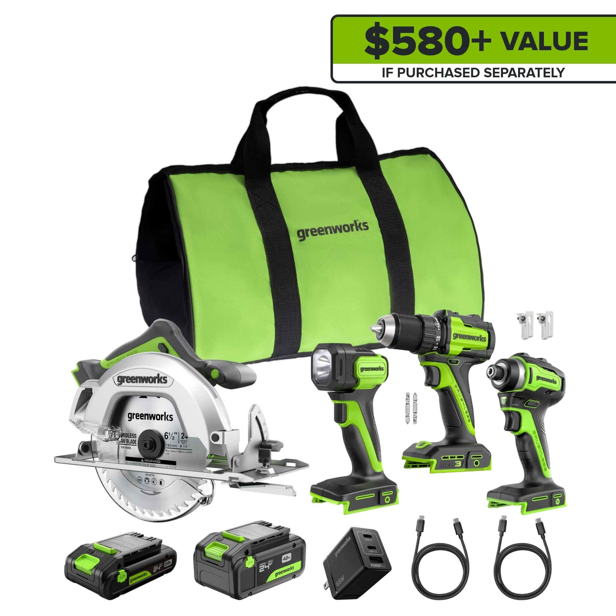 Greenworks - 24V Cordless 4pcs Combo, Drill/Driver+Impact Driver+6.5" Circular Saw+Flashlight - Green