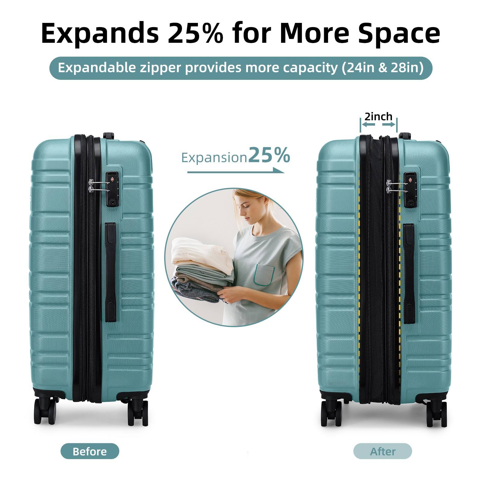 Expands 25% for More Space  
Expandable zipper provides more capacity (24in & 28in)  
Expansion 25%  
2inch  
Before  
After