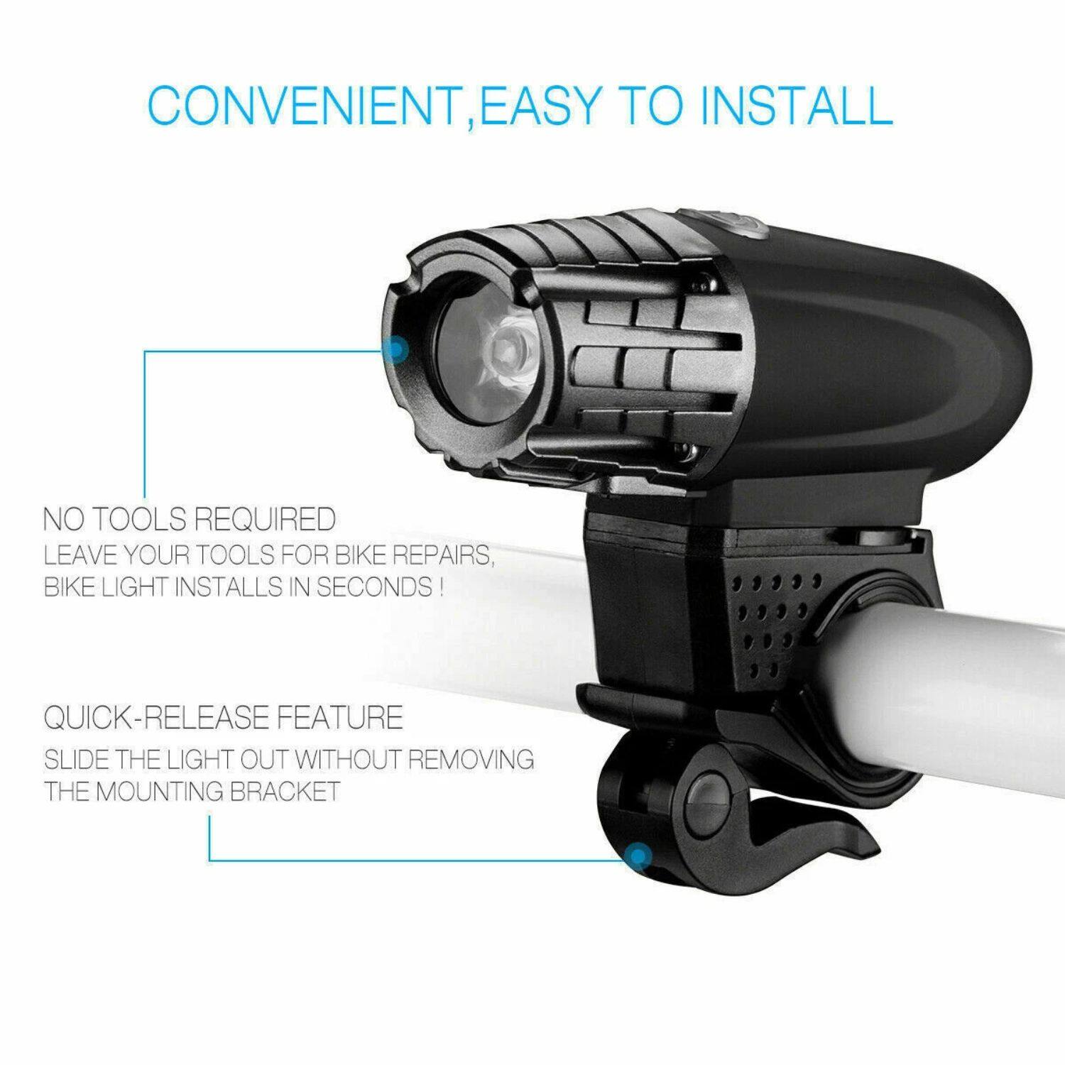 CONVENIENT, EASY TO INSTALL

NO TOOLS REQUIRED  
LEAVE YOUR TOOLS FOR BIKE REPAIRS, BIKE LIGHT INSTALLS IN SECONDS!

QUICK-RELEASE FEATURE  
SLIDE THE LIGHT OUT WITHOUT REMOVING THE MOUNTING BRACKET