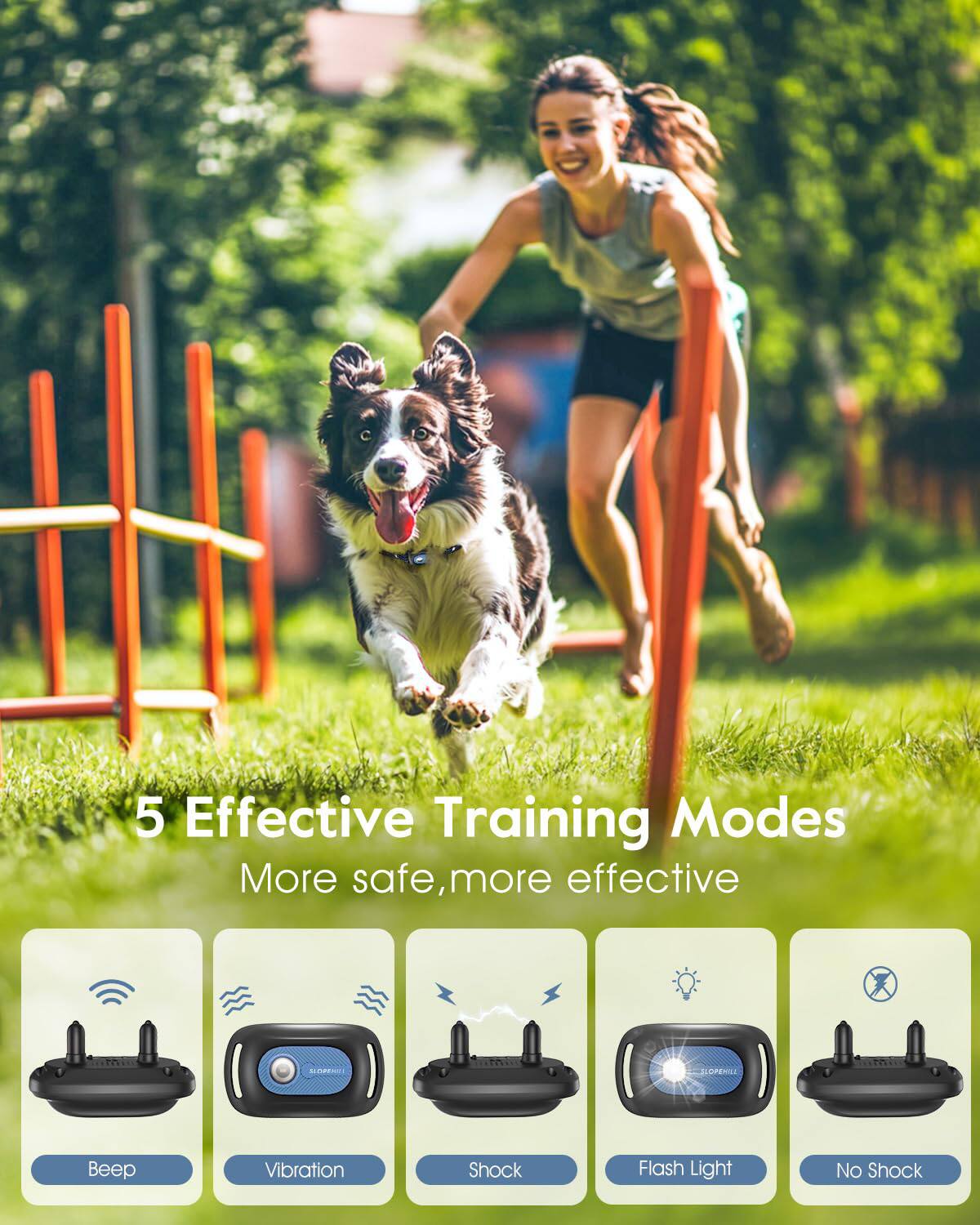 5 Effective Training Modes  
More safe, more effective  

- Beep  
- Vibration  
- Shock  
- Flash Light  
- No Shock