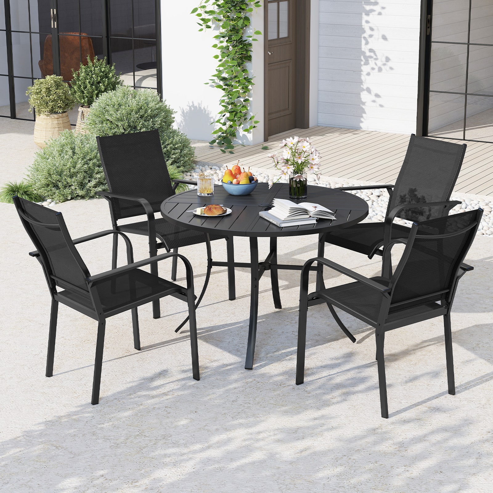 Gymax - 5-Piece Patio Dining Set for 4Round Metal Table w/ Umbrella Hole & 4 Stackable - Black
