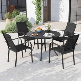 Gymax - 5-Piece Patio Dining Set for 4Round Metal Table w/ Umbrella Hole & 4 Stackable - Black