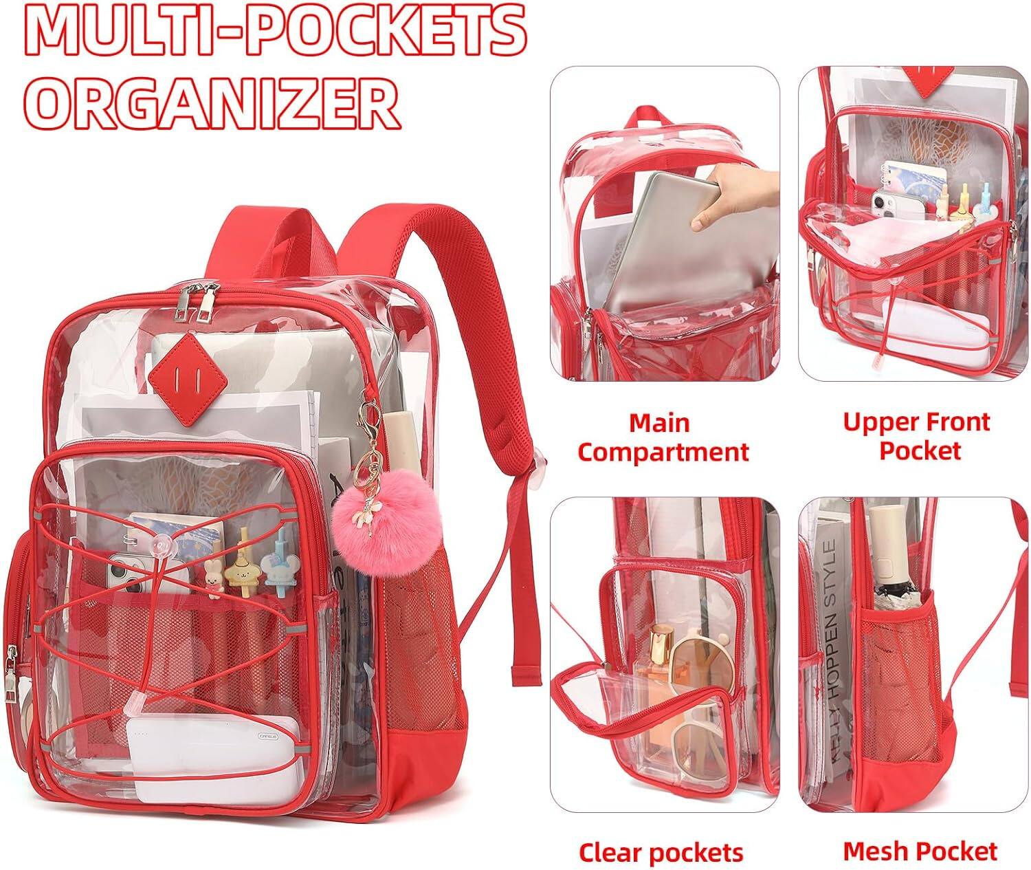 MULTI-POCKETS ORGANIZER

Main Compartment

Upper Front Pocket

Clear pockets

Mesh Pocket