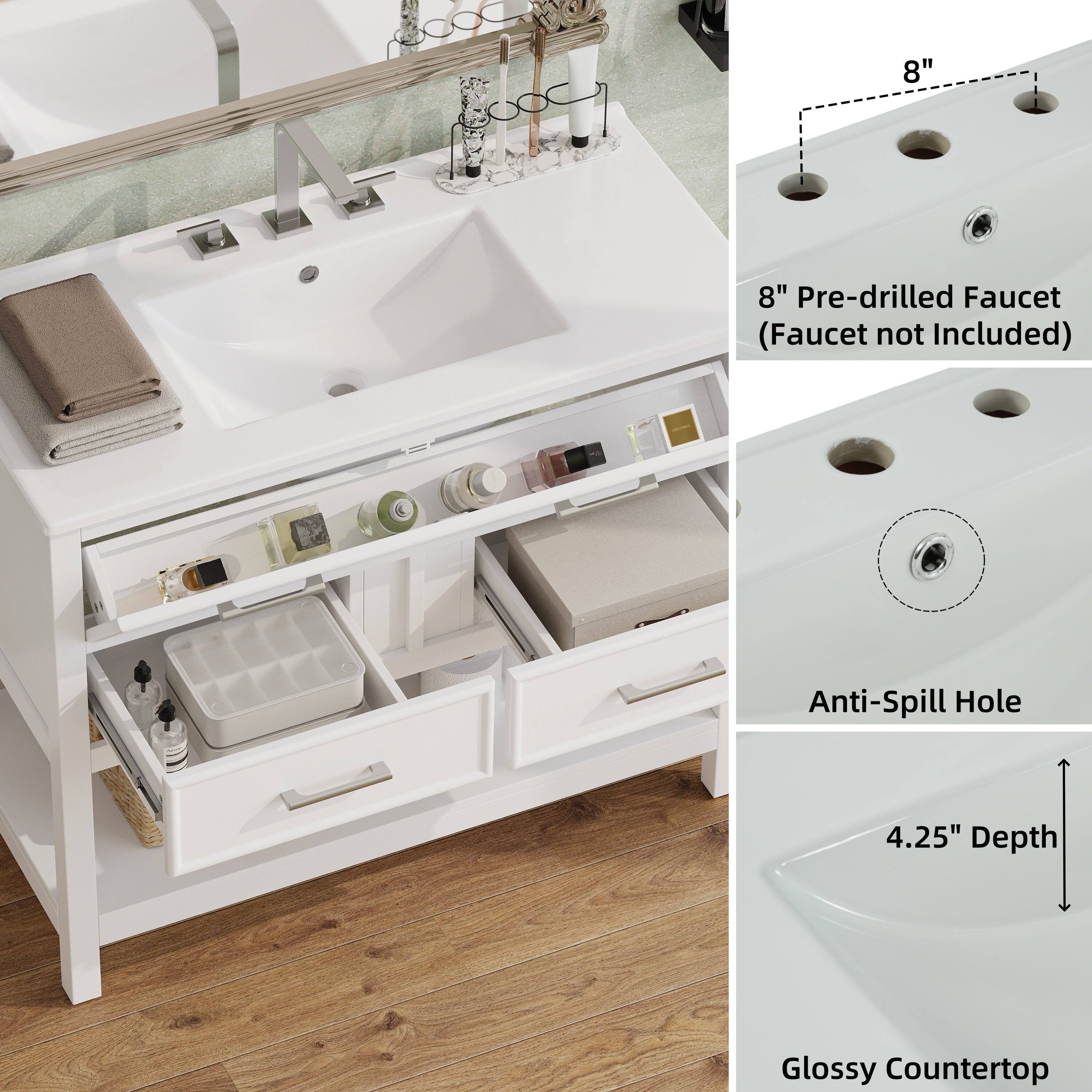 8" Pre-drilled Faucet (Faucet not Included)  
Anti-Spill Hole  
4.25" Depth  
Glossy Countertop