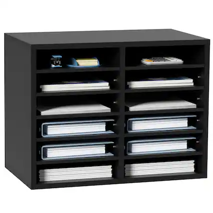 Front. VEVOR - Wood Literature Organizer, 12 Compartments, File Sorter with Removable Shelves, Mailboxes Slot - Black.